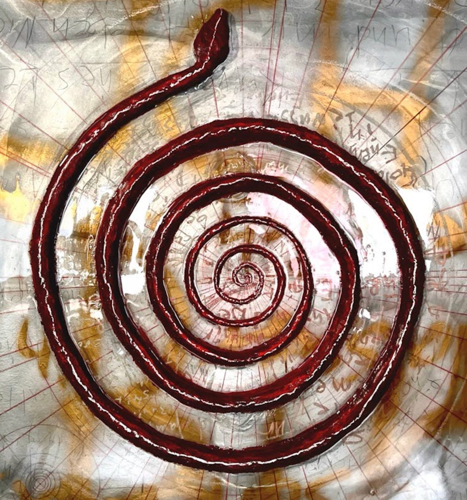 Rote Spirale auf einer geschichteten und beschrifteten Bildfläche