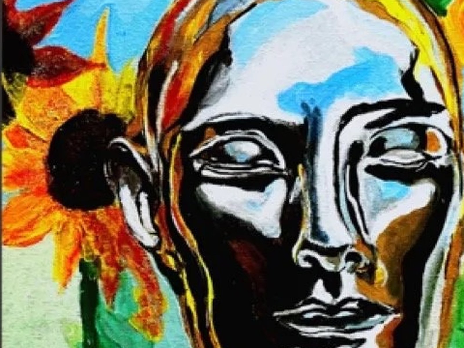 Figur zwischen Sonnenblumen in Selbsterkenntnis im Sonnenblumenfeld von Marlon Nikolai